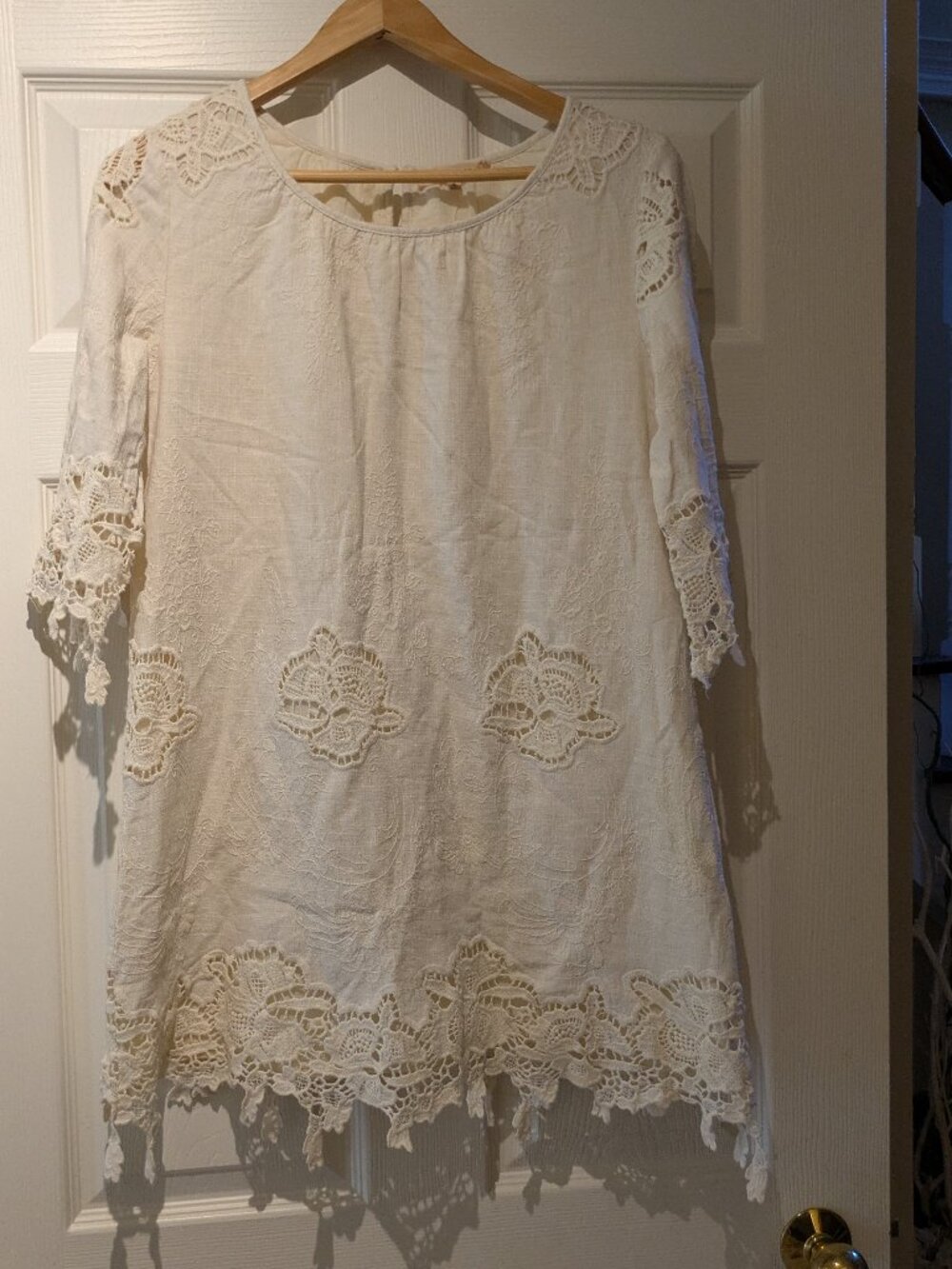 Cream Linen/Cotton Lined Lace Mini Dress